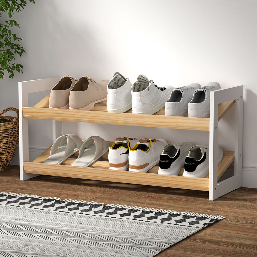 2 Tier Tilted Wooden Shoe Stand Organizer Shelf up to 6 Pairs Pine White Homecoze