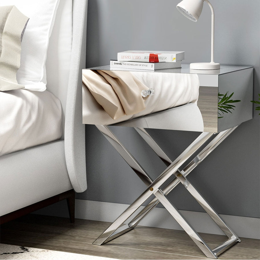 Glamour Mirrored Bed Side Table Luxurious High Shine Nightstand with Drawer Homecoze