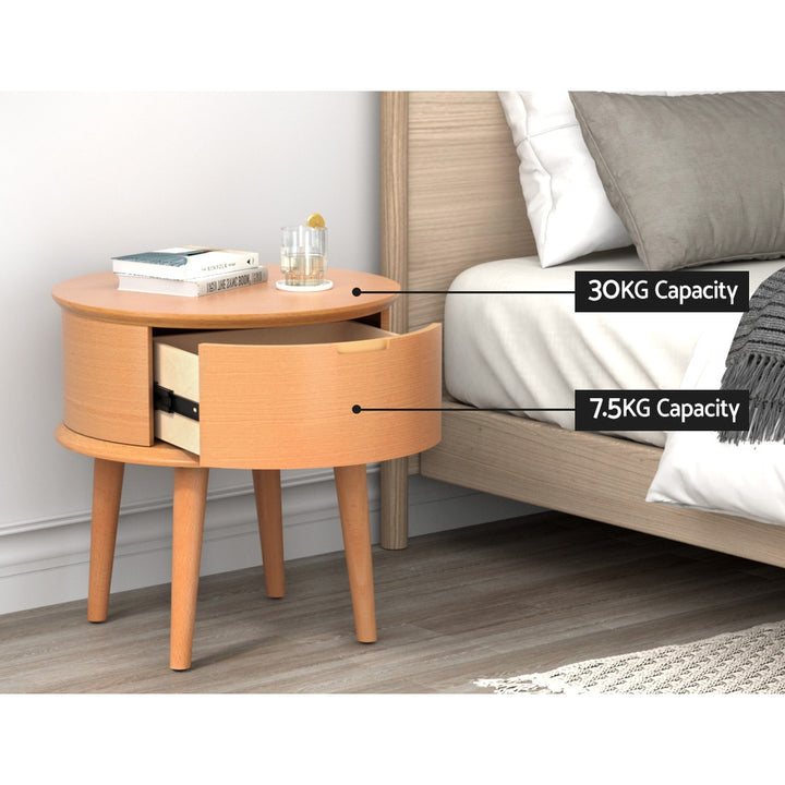 Retro Curved Scandinavian Style Bed Side Table Nightstand with Drawer - Oak Homecoze