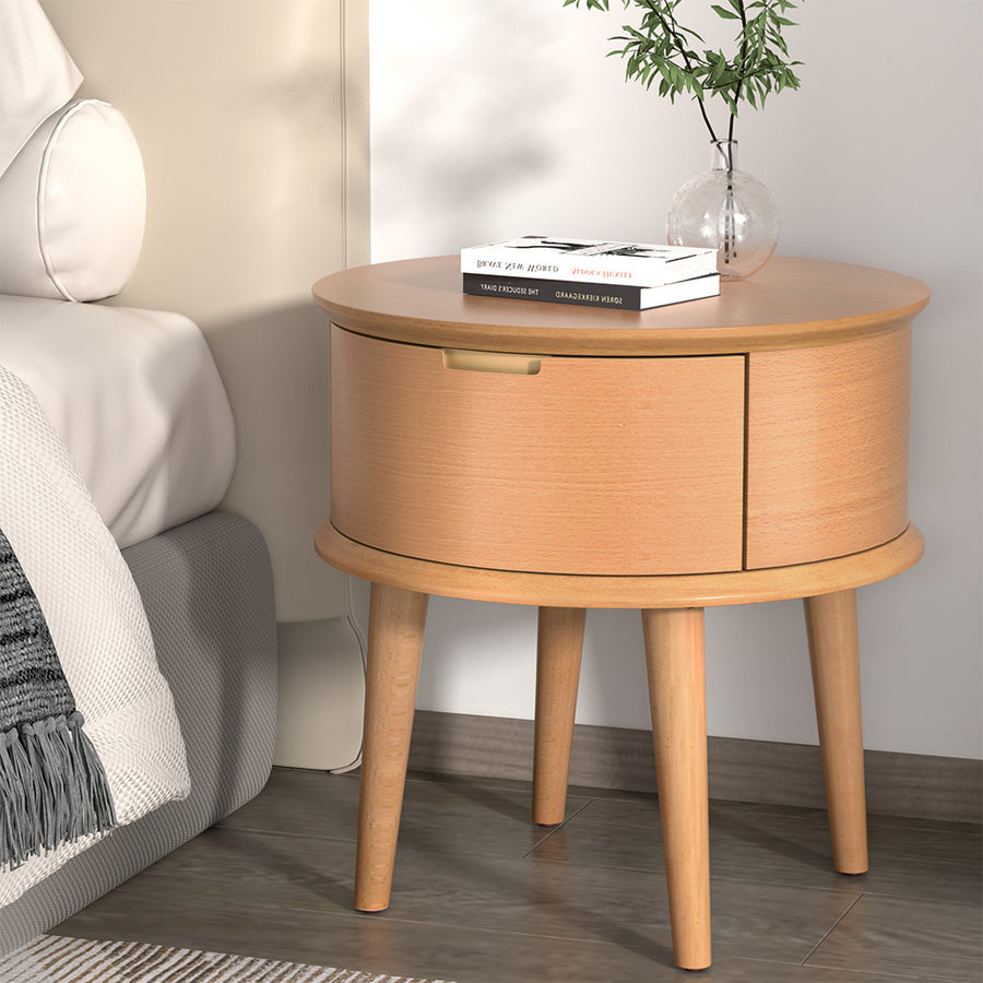 Retro Curved Scandinavian Style Bed Side Table Nightstand with Drawer - Oak Homecoze