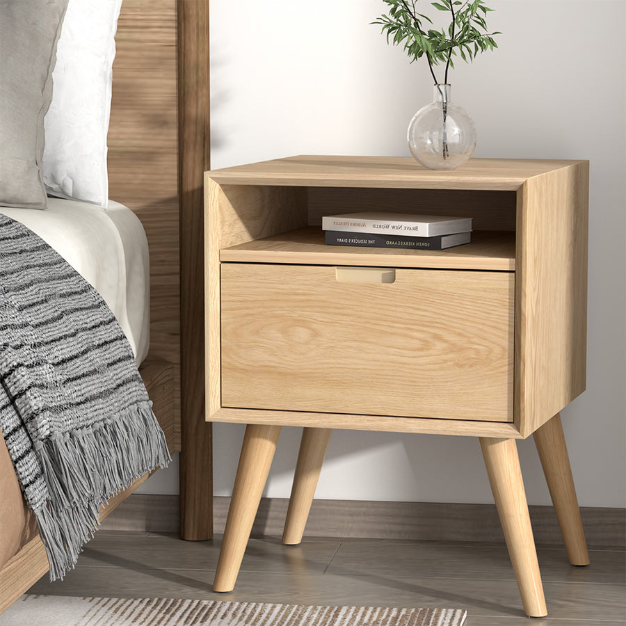 Rustic-Scandi Style Bedside Table with Drawer and Book Shelf Nightstand - Pine Homecoze