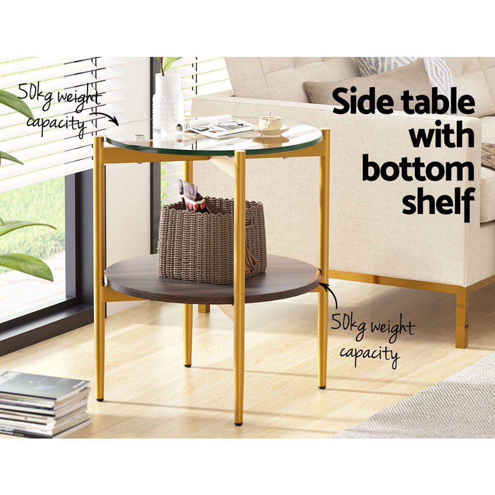 Modern Coffee Side Table Nightstand Gold Frame with Glass Top Homecoze