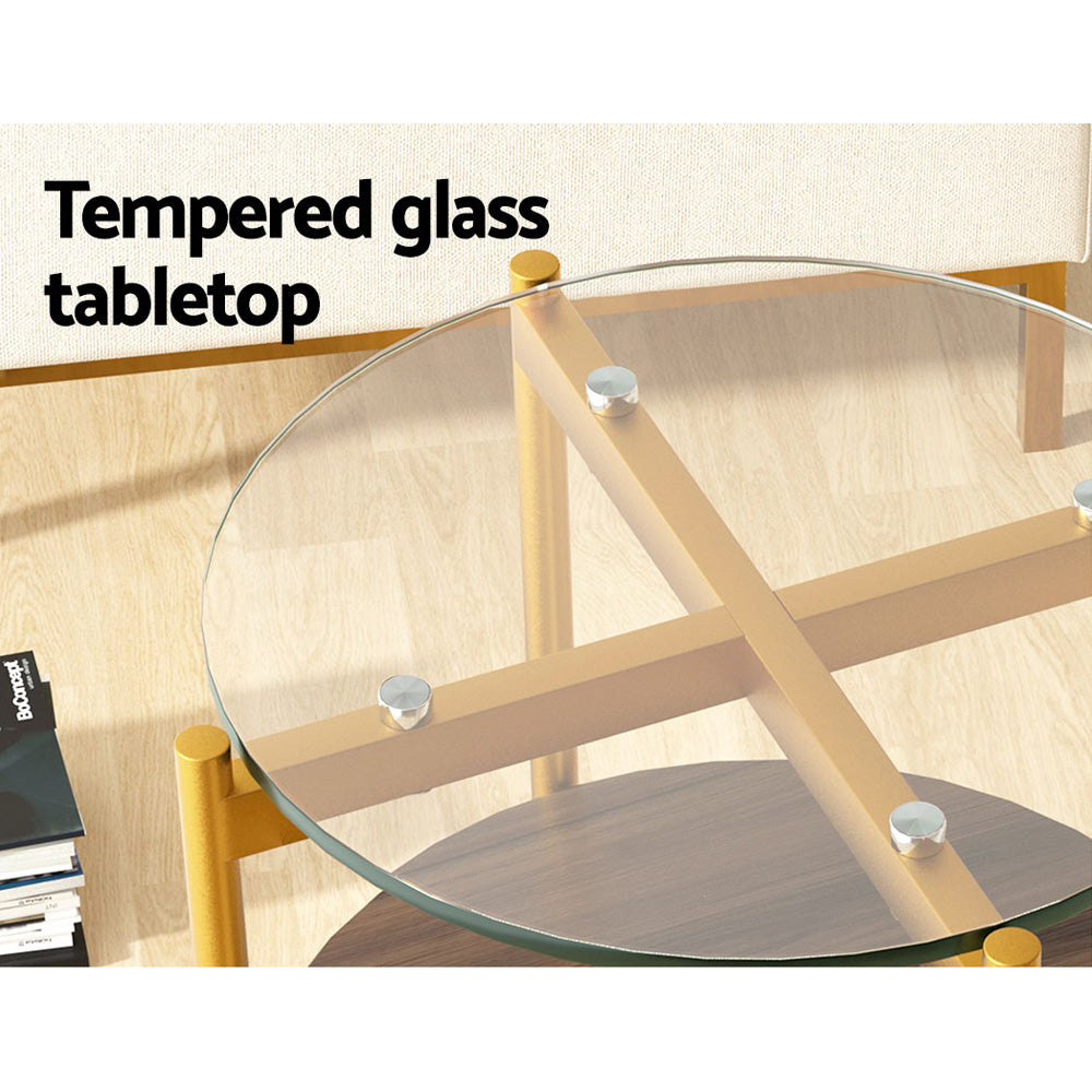 Modern Coffee Side Table Nightstand Gold Frame with Glass Top Homecoze