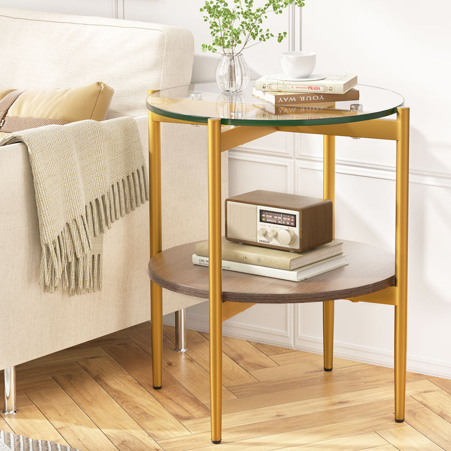 Modern Coffee Side Table Nightstand Gold Frame with Glass Top Homecoze