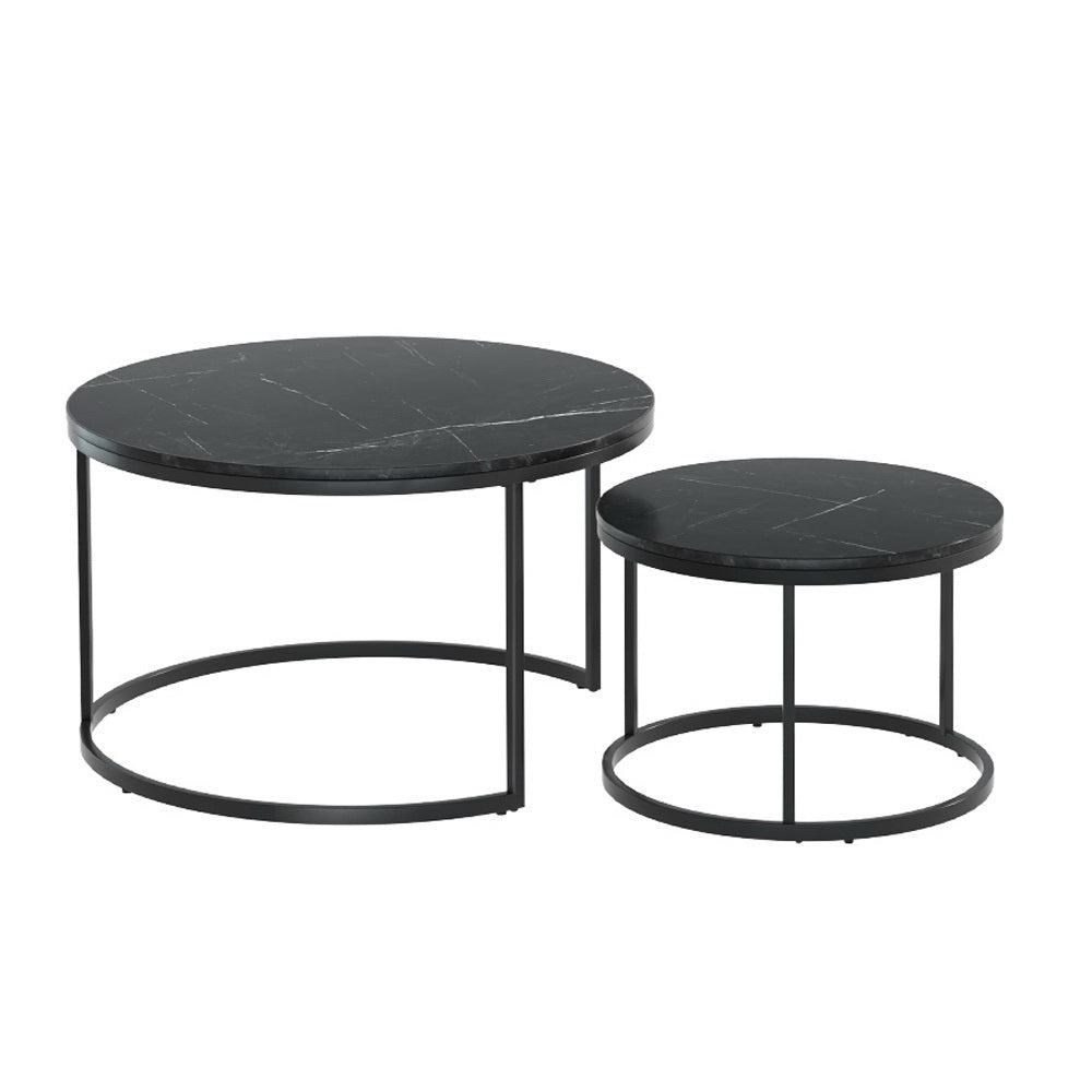 Set of 2 Nesting Coffee Tables Marble Style Top 80/60CM - Black Homecoze