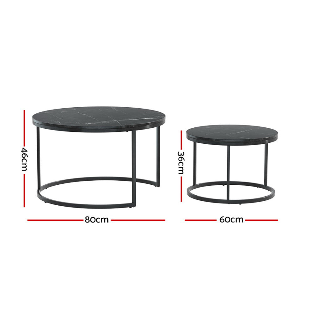 Set of 2 Nesting Coffee Tables Marble Style Top 80/60CM - Black Homecoze