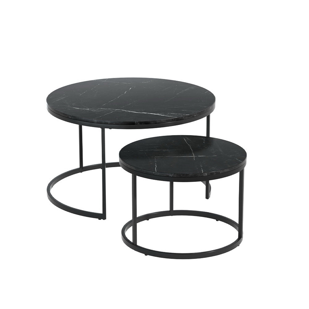 Set of 2 Nesting Coffee Tables Marble Style Top 80/60CM - Black Homecoze