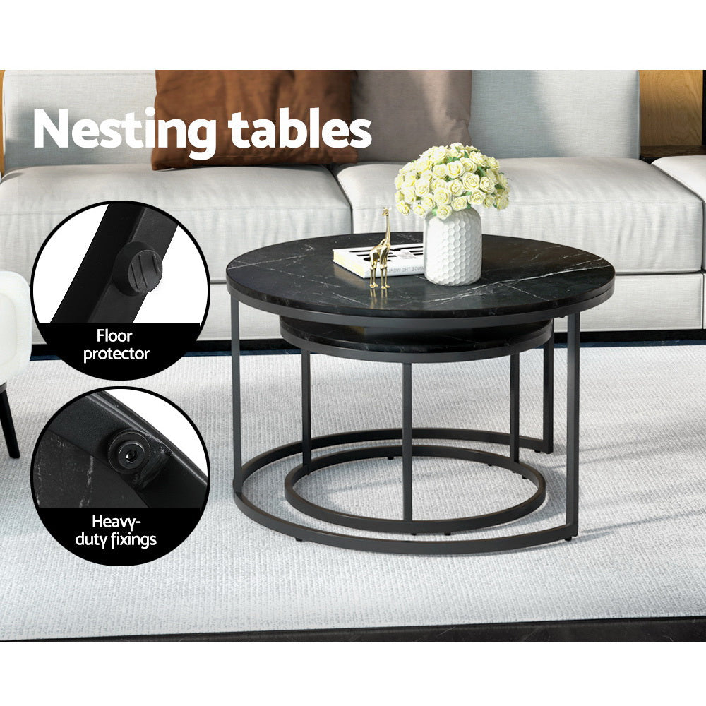 Set of 2 Nesting Coffee Tables Marble Style Top 80/60CM - Black Homecoze