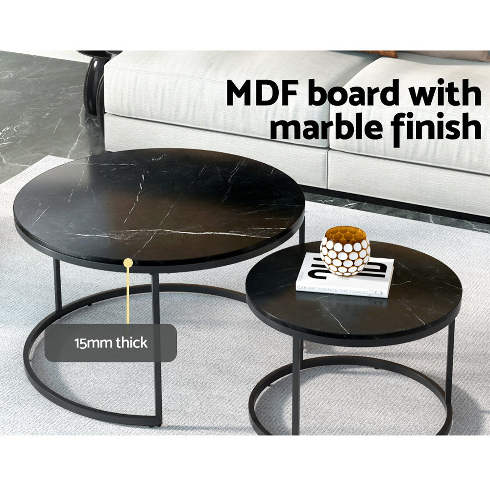 Set of 2 Nesting Coffee Tables Marble Style Top 80/60CM - Black Homecoze
