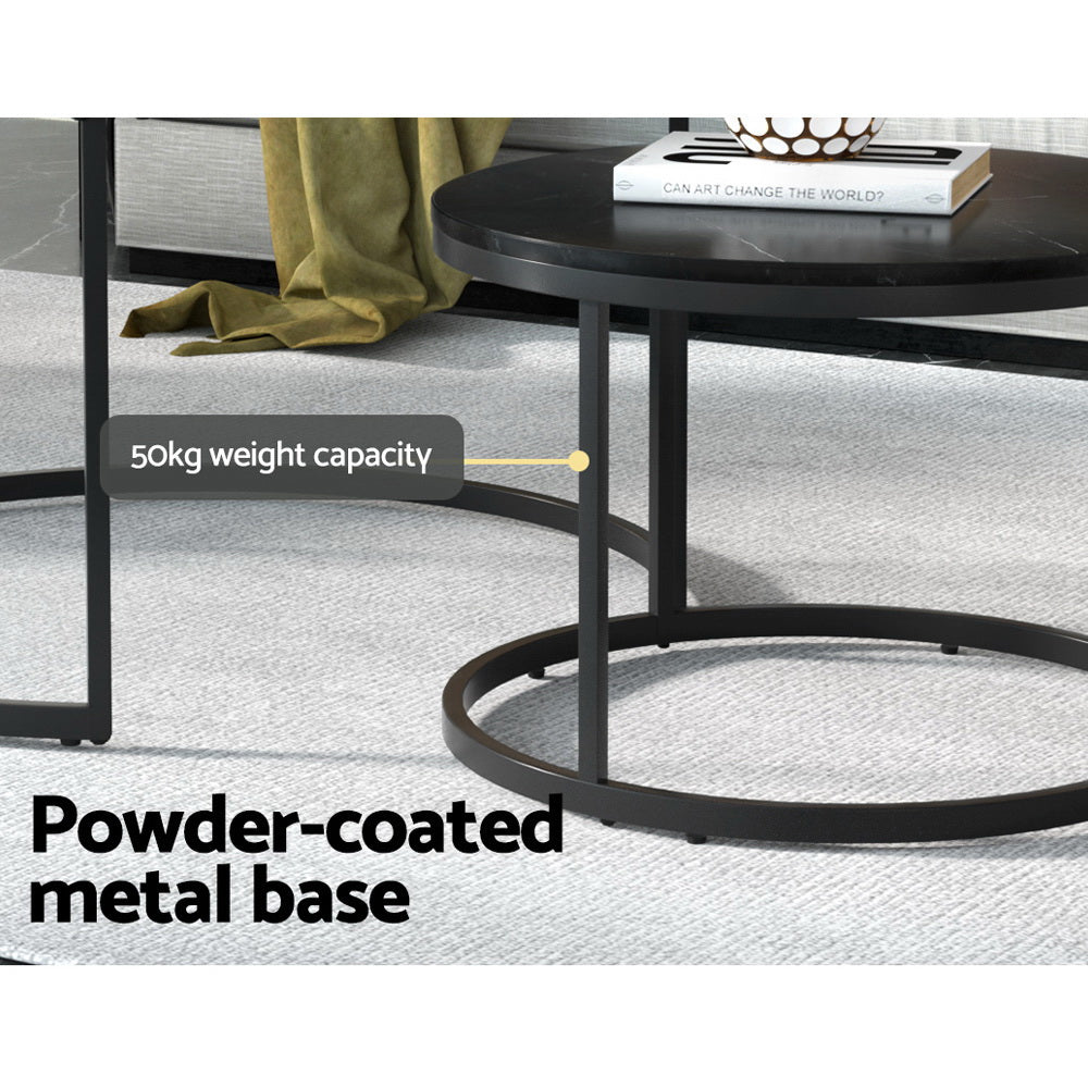Set of 2 Nesting Coffee Tables Marble Style Top 80/60CM - Black Homecoze