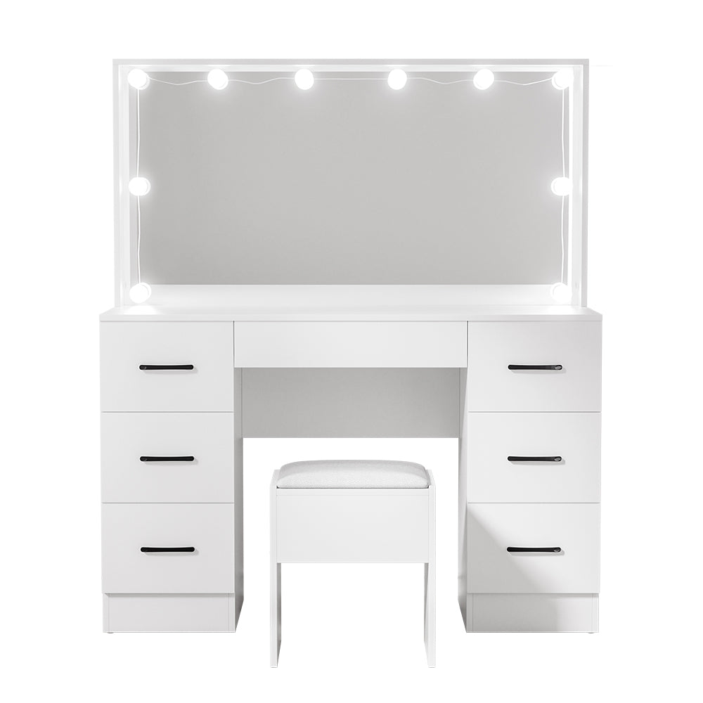 Dressing Table Set with Stool & 10 Bulb LED Hollywood Mirror - White