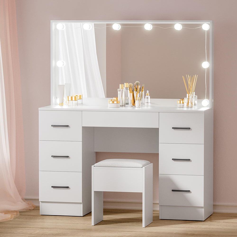 Dressing Table Set with Stool & 10 Bulb LED Hollywood Mirror - White