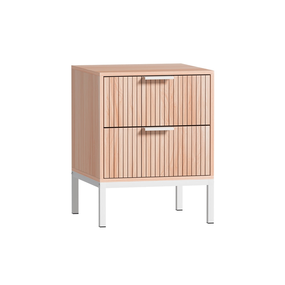Modern Bed Side Table Nightstand with 2 Fluted Drawers - Pine & White Homecoze