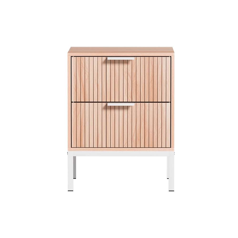 Modern Bed Side Table Nightstand with 2 Fluted Drawers - Pine & White Homecoze