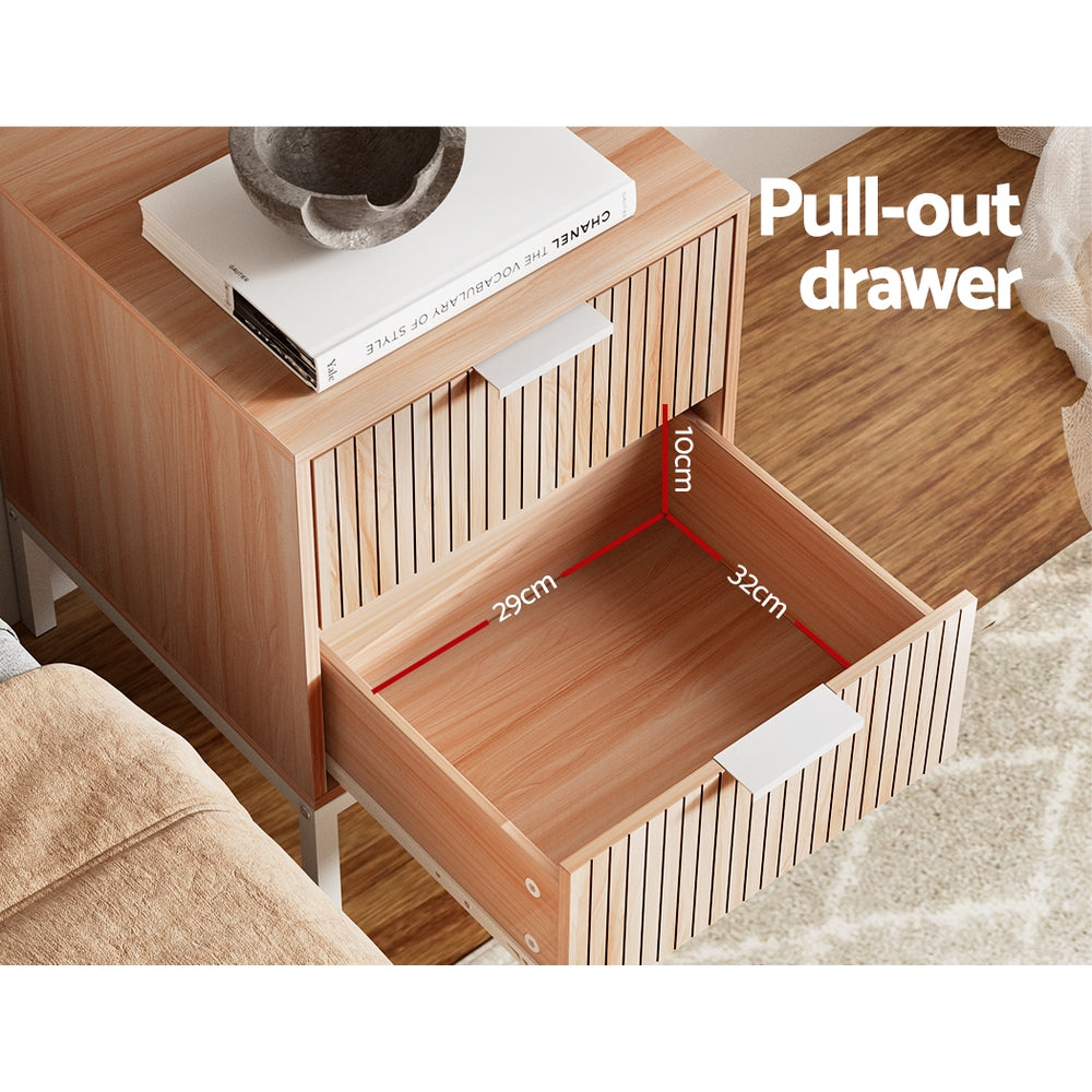 Modern Bed Side Table Nightstand with 2 Fluted Drawers - Pine & White Homecoze