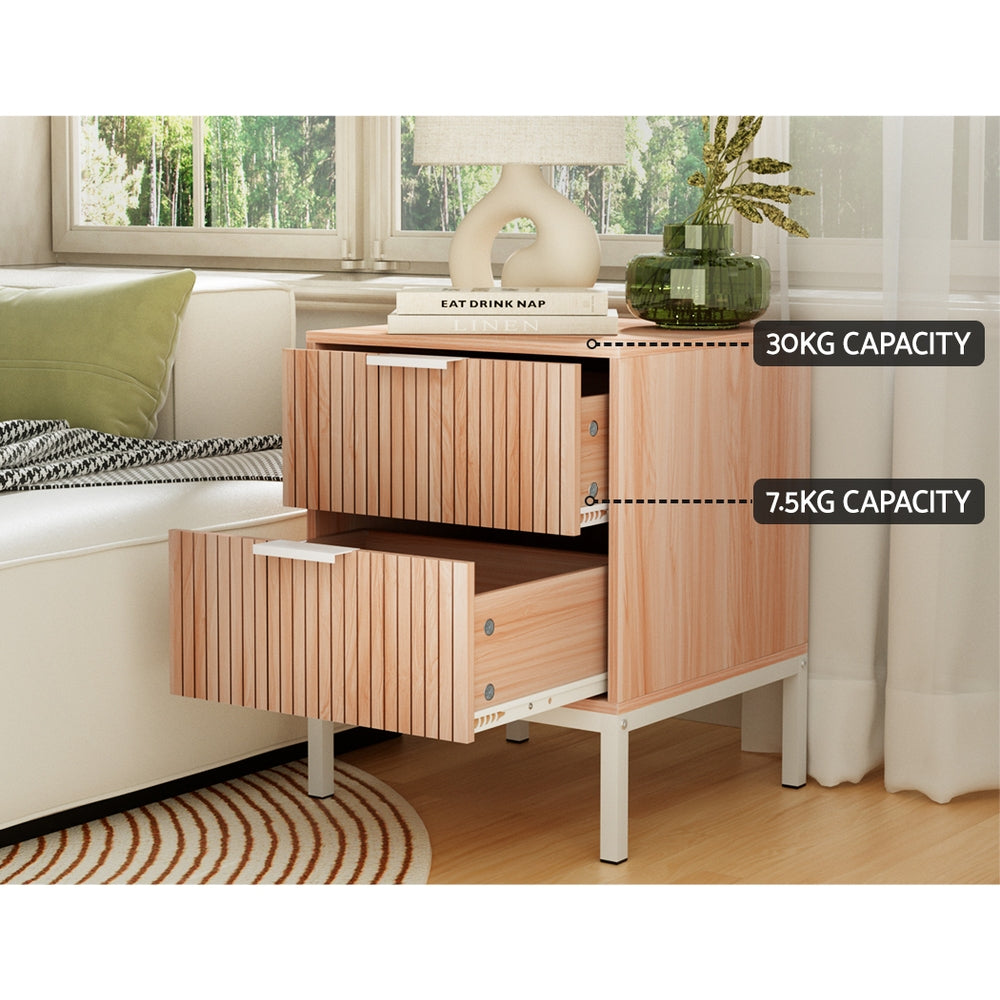 Modern Bed Side Table Nightstand with 2 Fluted Drawers - Pine & White Homecoze