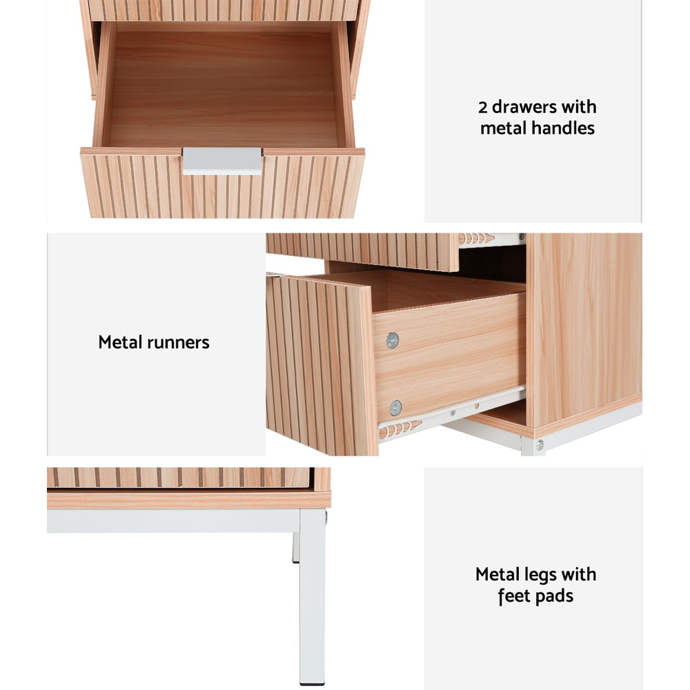 Modern Bed Side Table Nightstand with 2 Fluted Drawers - Pine & White Homecoze