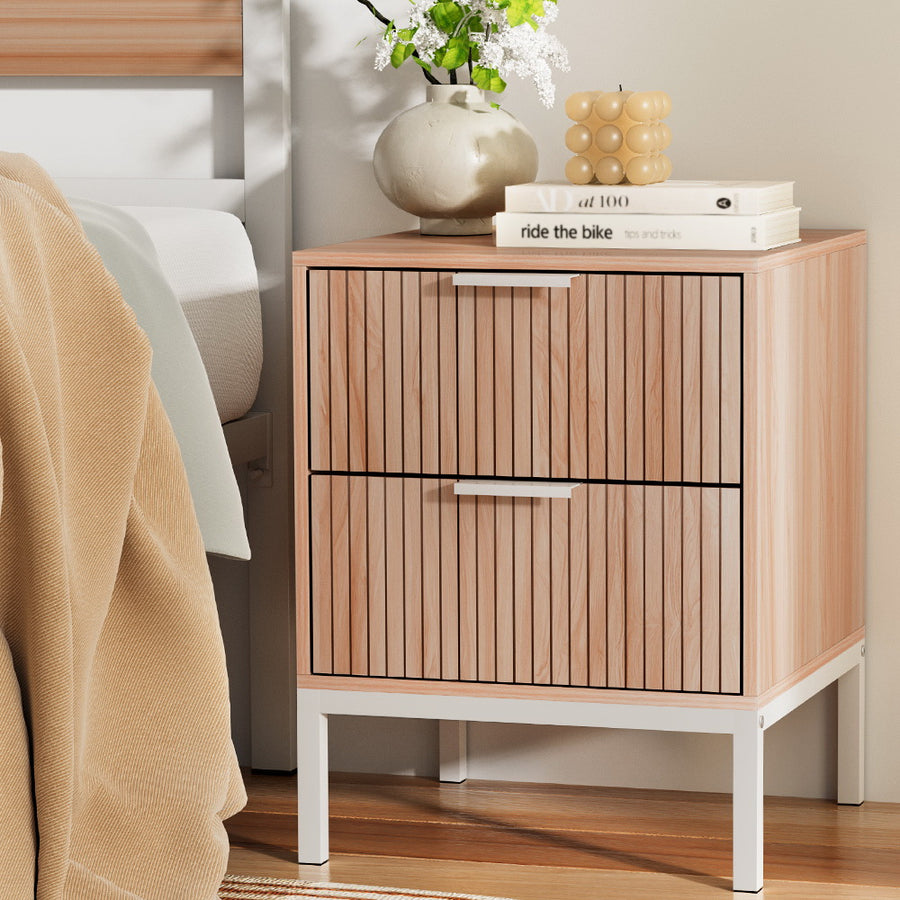 Modern Bed Side Table Nightstand with 2 Fluted Drawers - Pine & White Homecoze