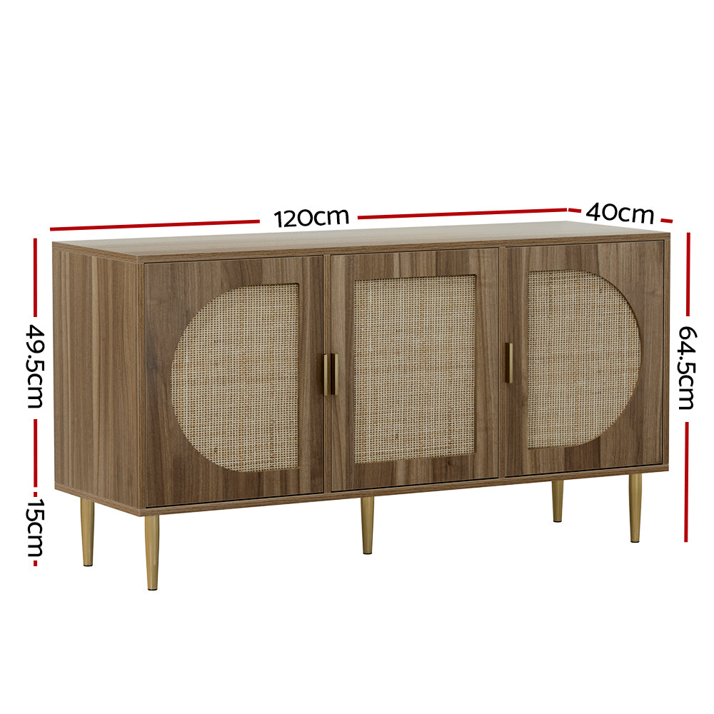 Retro Modern Classic Rattan Buffet Sideboard 3 Door Storage Cupboard - Dark Oak Homecoze