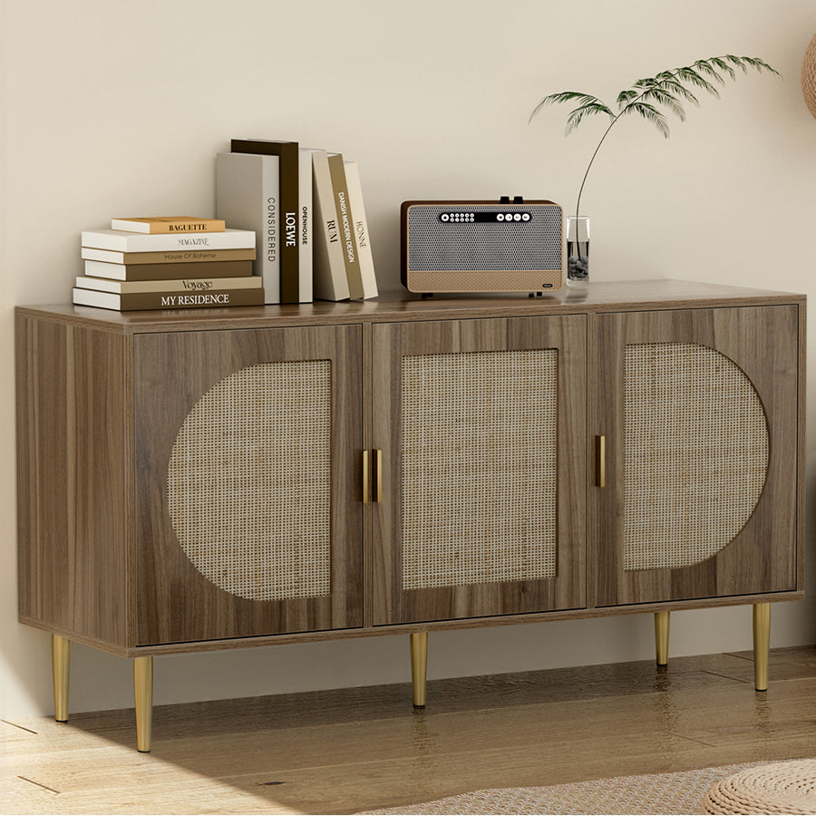 Retro Modern Classic Rattan Buffet Sideboard 3 Door Storage Cupboard - Dark Oak Homecoze