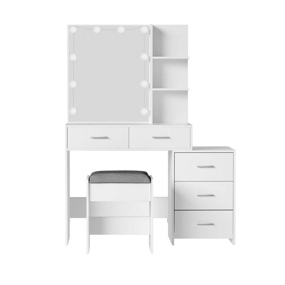 Dressing Table LED Makeup Mirror Stool & Drawer Bedroom Vanity Set - White