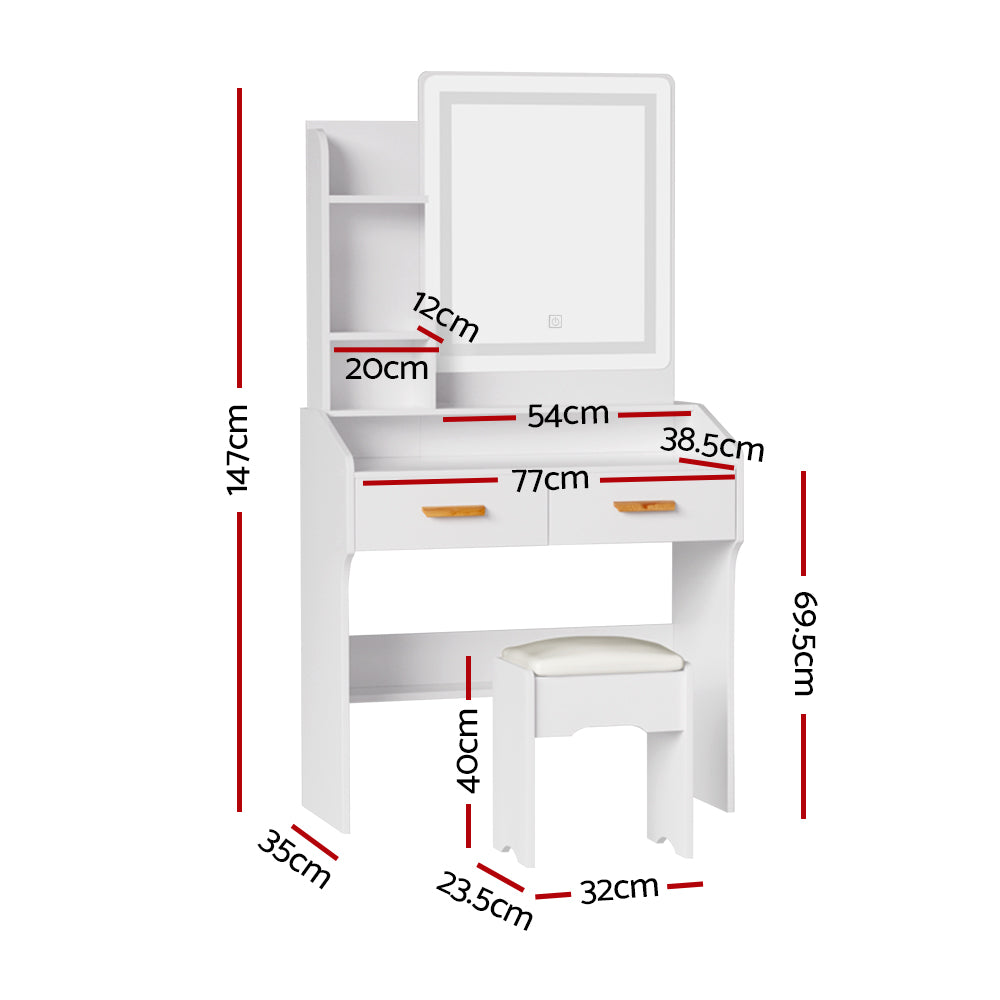 Mini Dressing Table LED Strip Makeup Mirror Bedroom Vanity Set - White