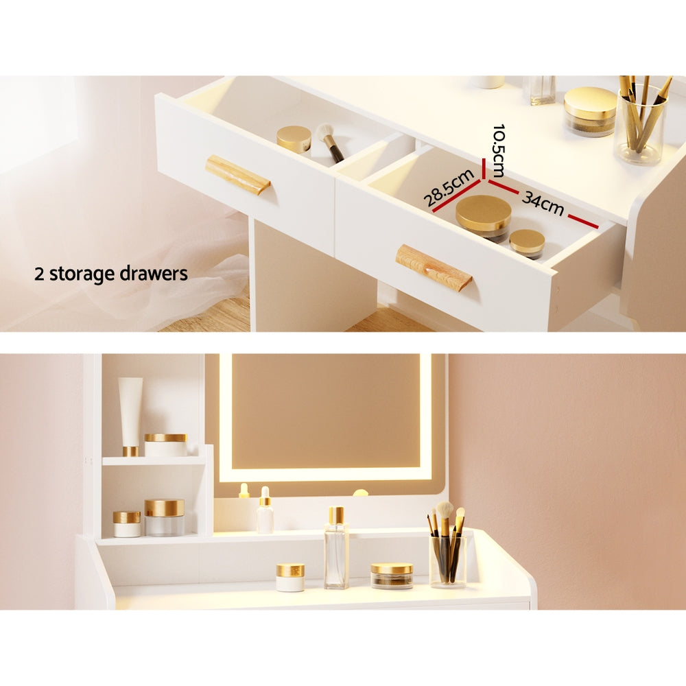 Mini Dressing Table LED Strip Makeup Mirror Bedroom Vanity Set - White