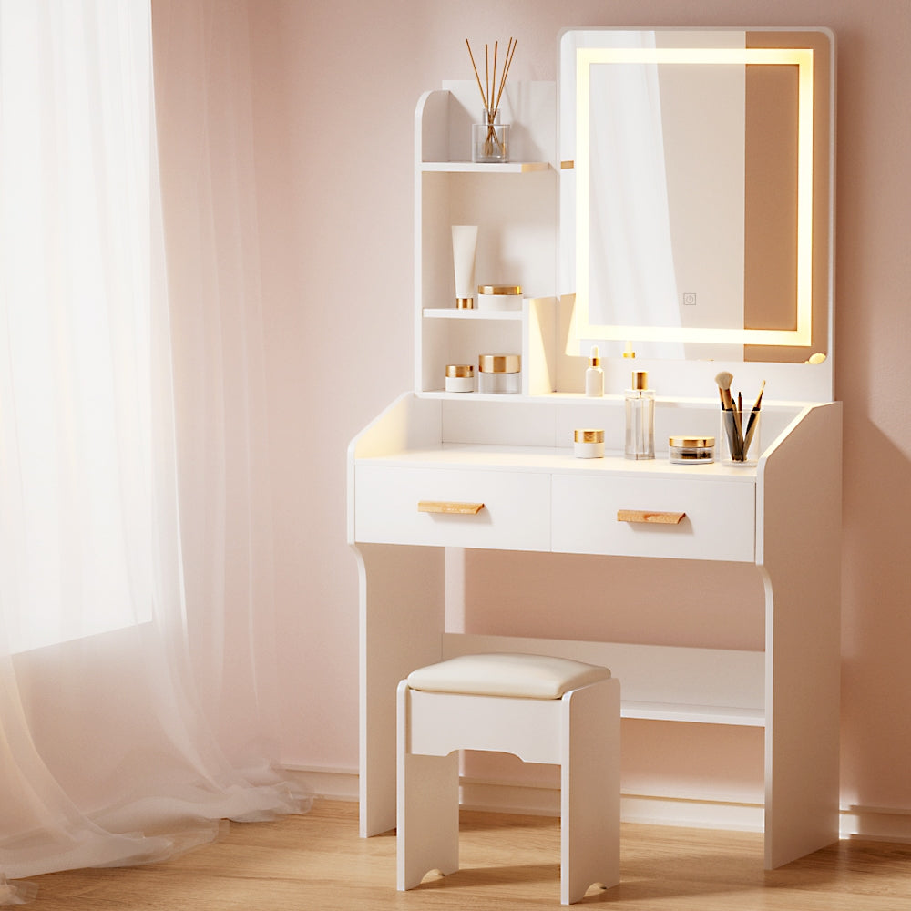 Mini Dressing Table LED Strip Makeup Mirror Bedroom Vanity Set - White