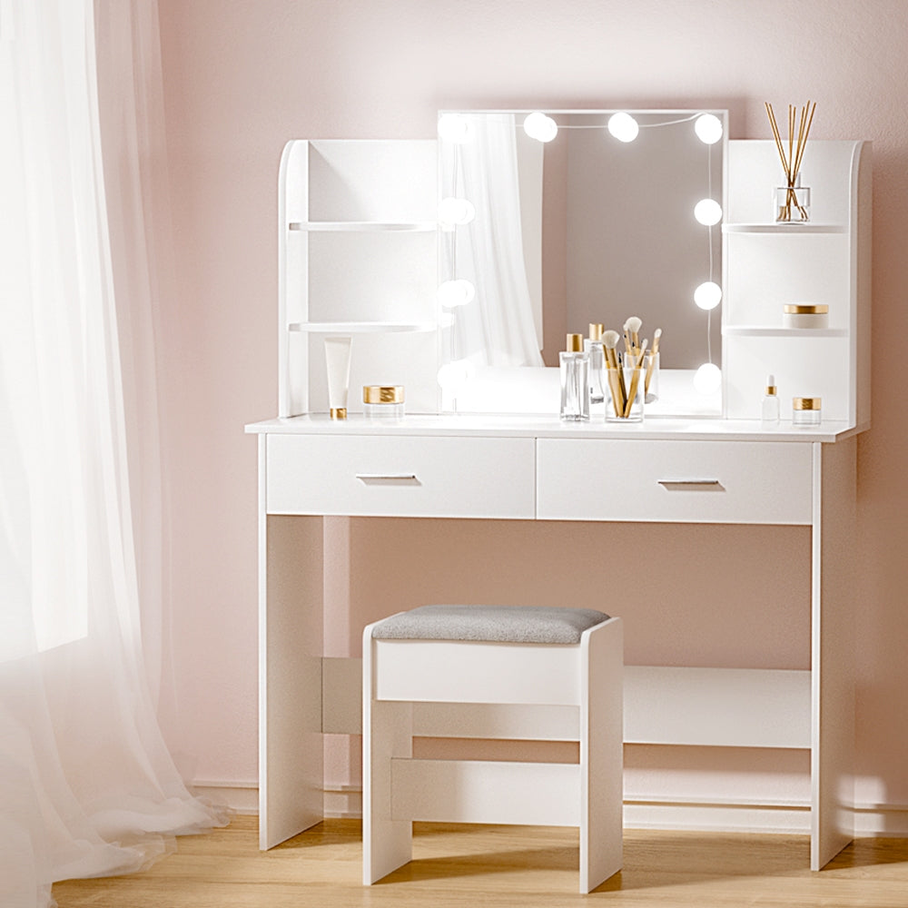 Dressing Table LED Makeup Mirror Stool Set Bedroom Vanity Set - White