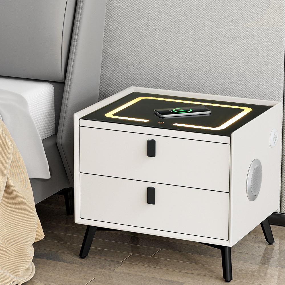 New Smart Bedside Table with Wireless Charging LED Lights Bluetooth Speakers - White Homecoze