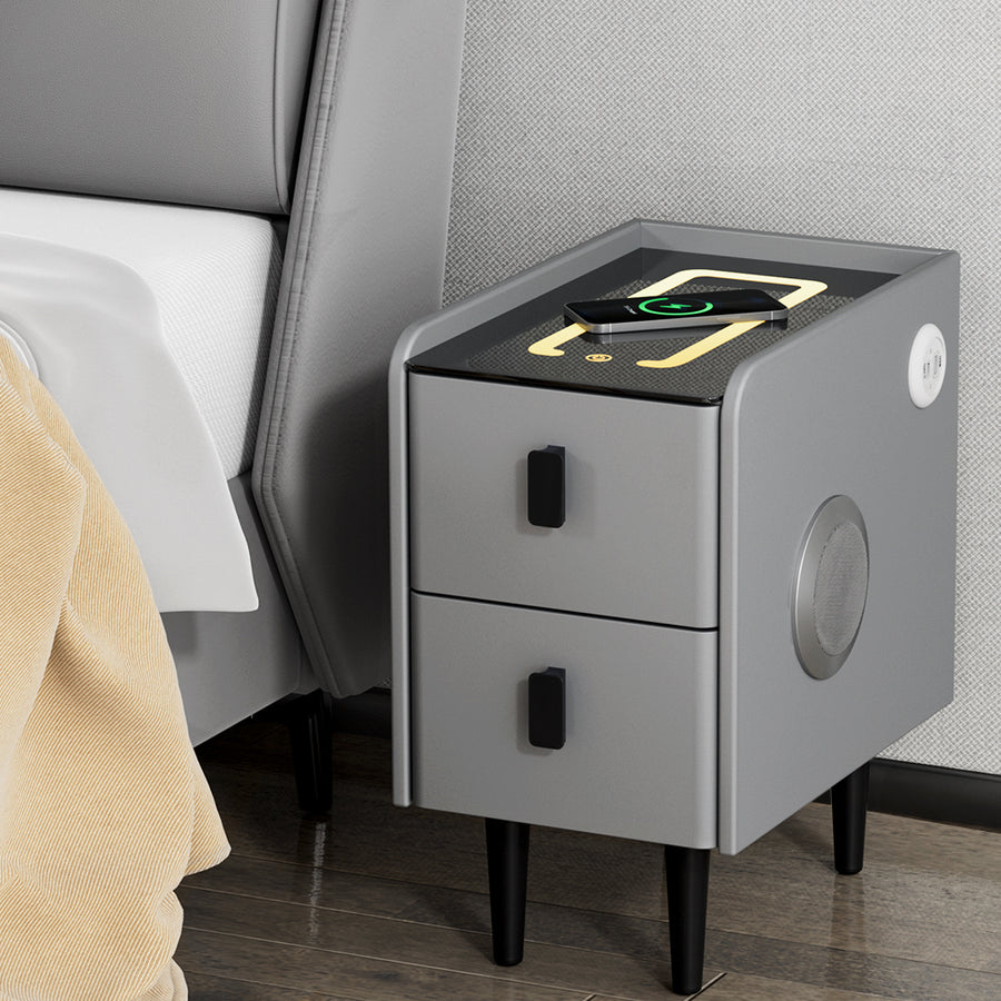 New Smart Bedside Table with Wireless Charging LED Lights Bluetooth Speakers - Grey Homecoze