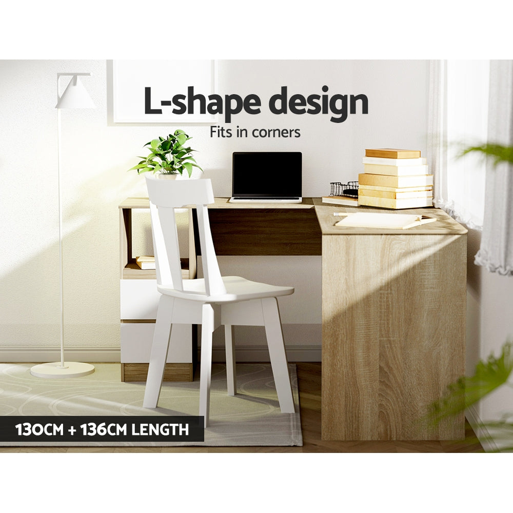 L-Shape Corner Office Computer Desk Workstation with Drawers - Oak & White Homecoze