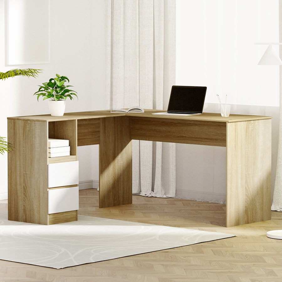 L-Shape Corner Office Computer Desk Workstation with Drawers - Oak & White Homecoze