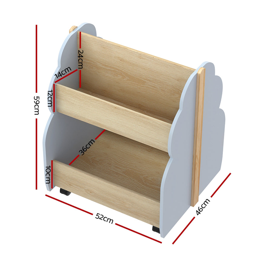Kids Small Toy Box Bookshelf Storage Rack with Wheels - Grey & Pine - Homecoze