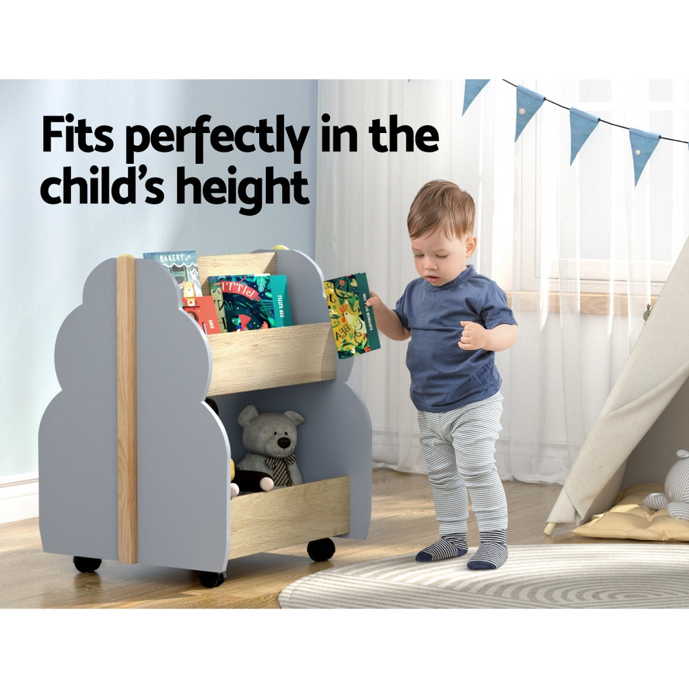 Kids Small Toy Box Bookshelf Storage Rack with Wheels - Grey & Pine - Homecoze