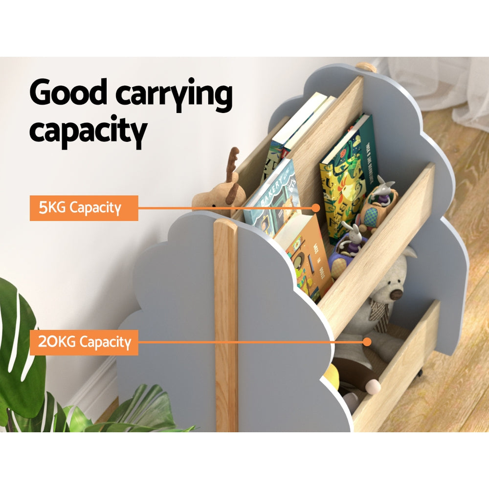 Kids Small Toy Box Bookshelf Storage Rack with Wheels - Grey & Pine - Homecoze