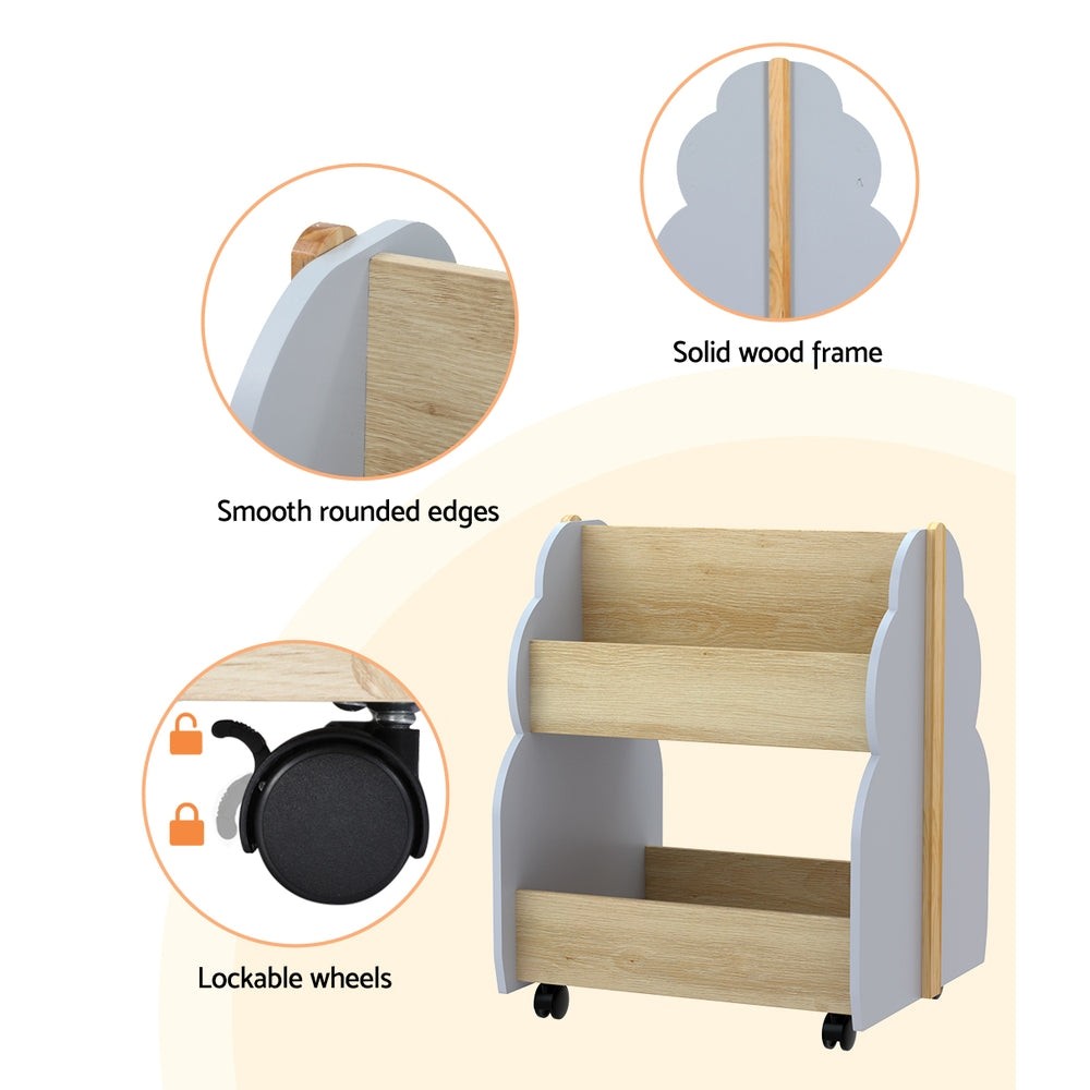 Kids Small Toy Box Bookshelf Storage Rack with Wheels - Grey & Pine - Homecoze