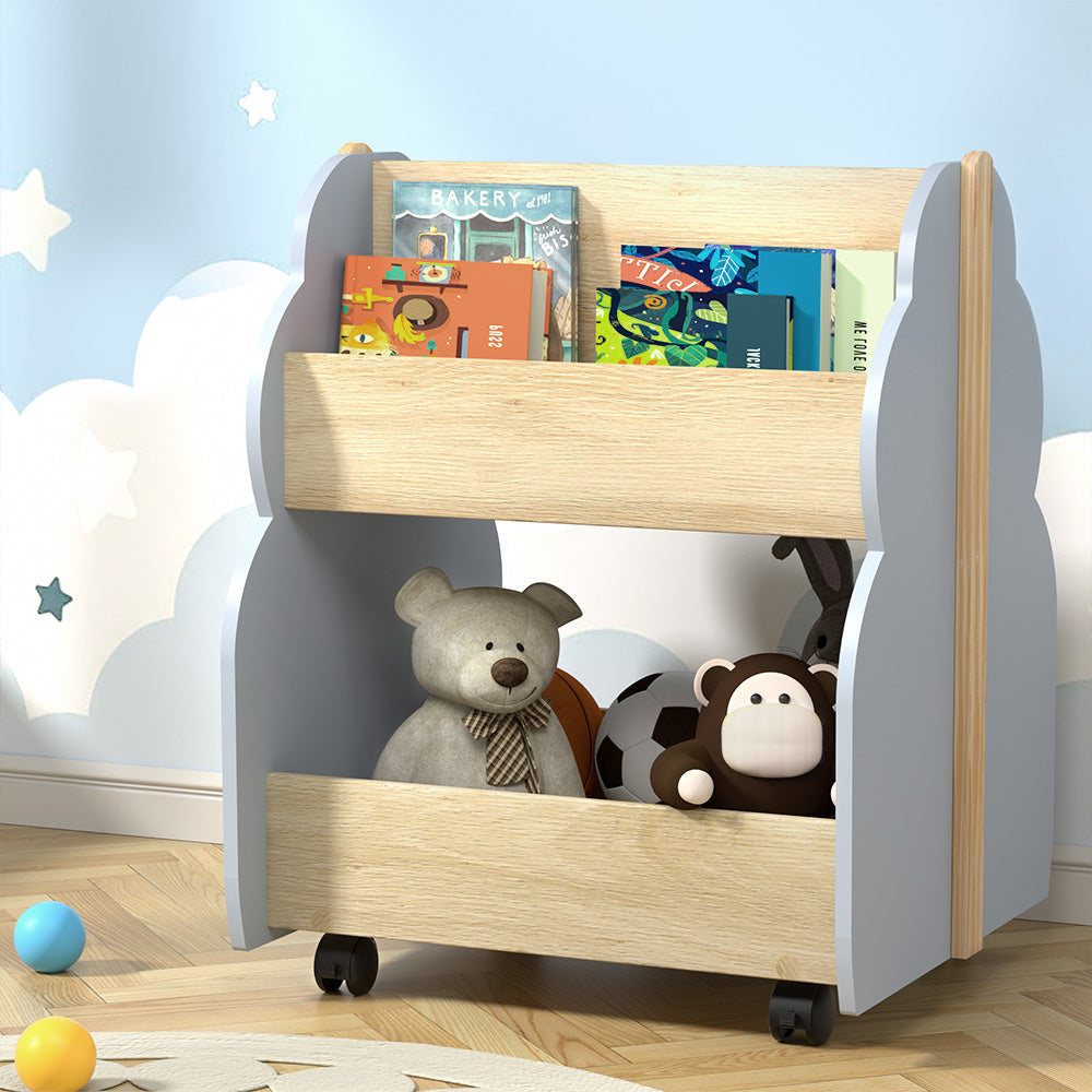 Kids Small Toy Box Bookshelf Storage Rack with Wheels - Grey & Pine - Homecoze
