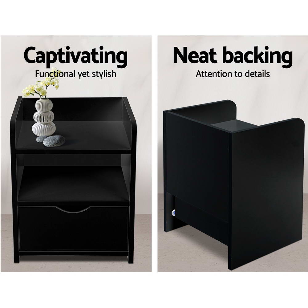 Bedside Table Storage Shelf with Drawer - Black - Homecoze