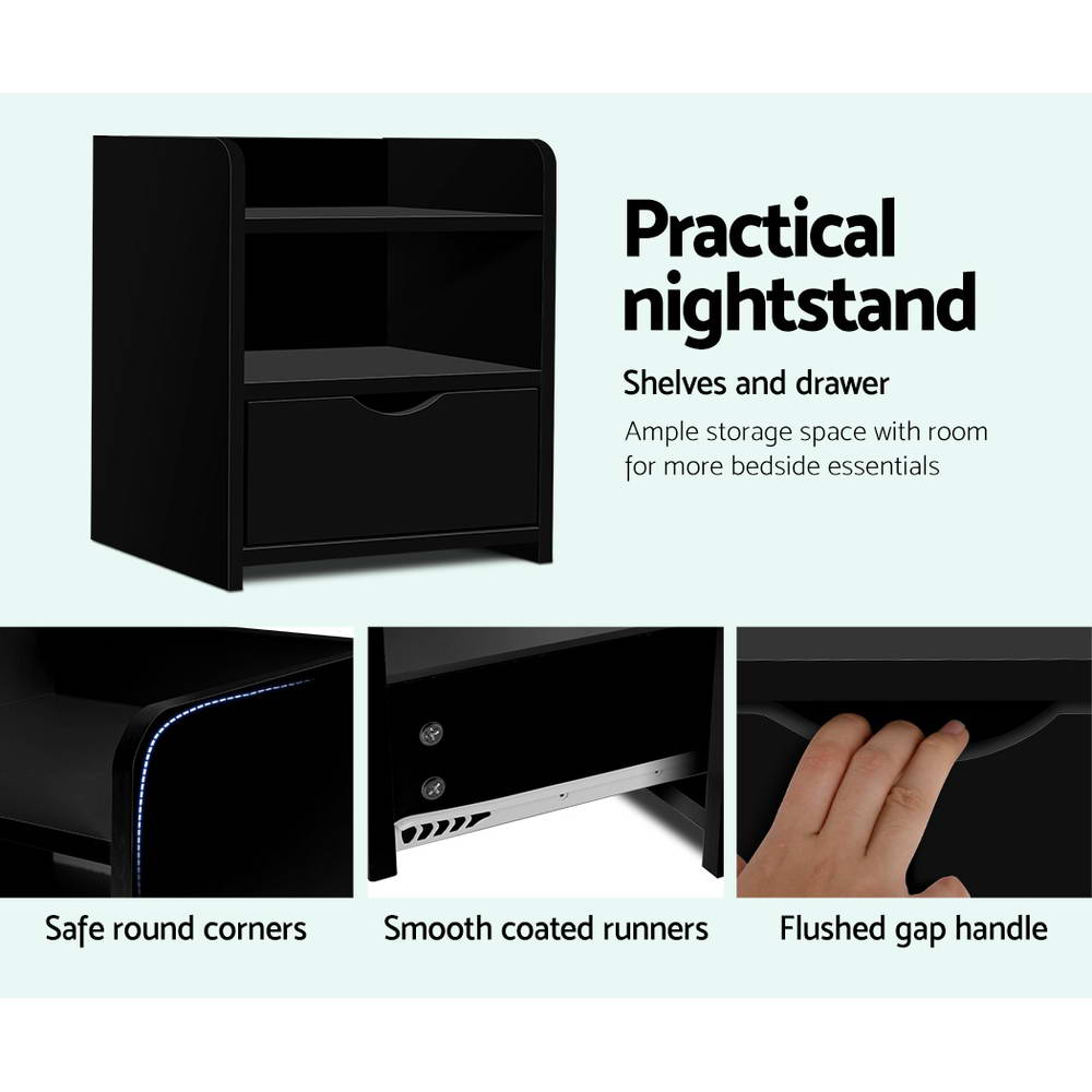 Bedside Table Storage Shelf with Drawer - Black - Homecoze