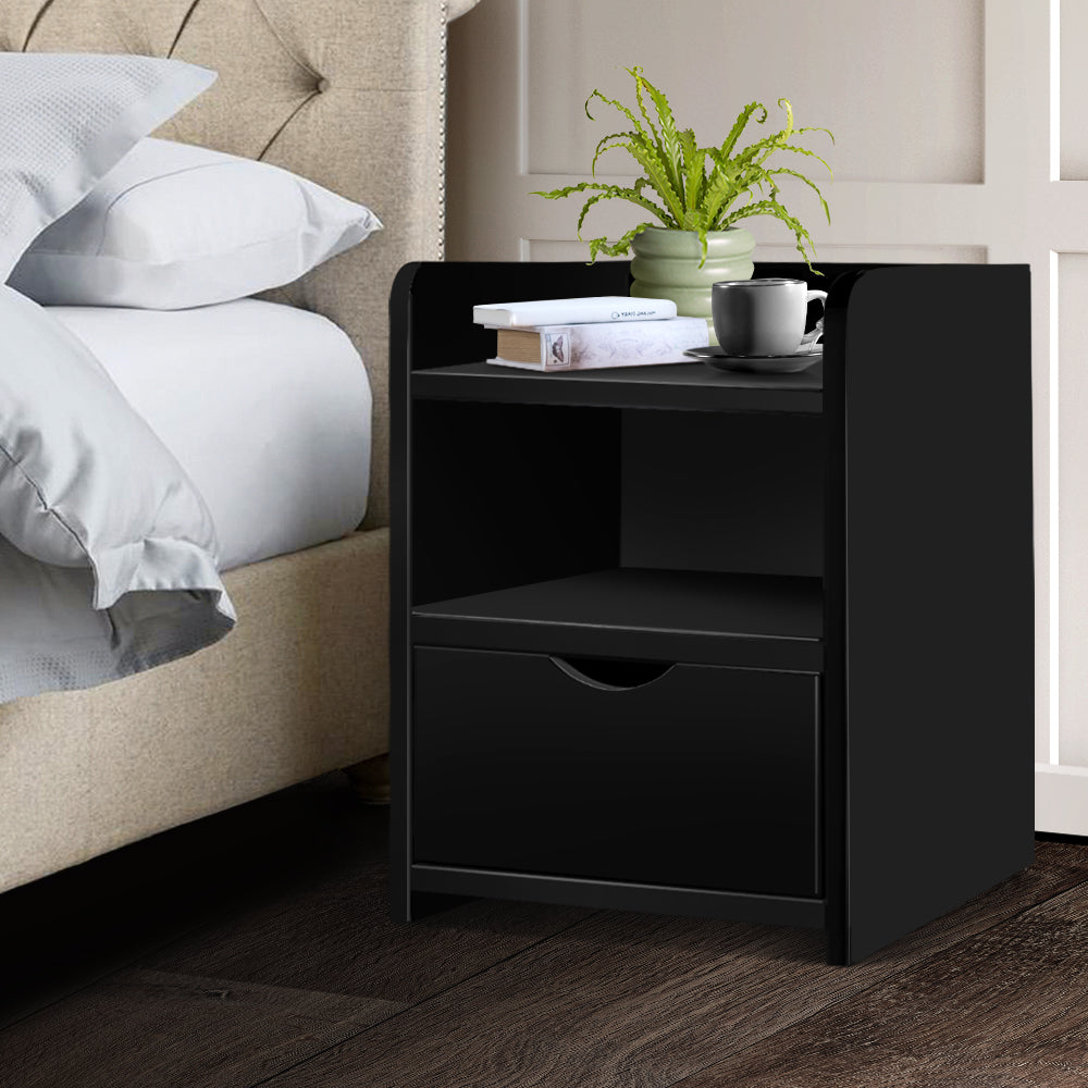 Bedside Table Storage Shelf with Drawer - Black Homecoze