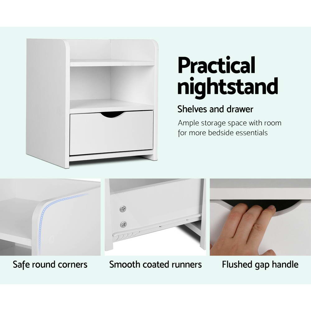 Bedside Table Storage Shelf with Drawer - White - Homecoze