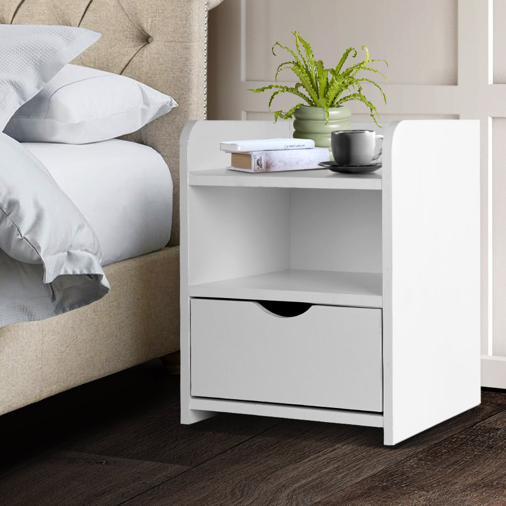 Bedside Table Storage Shelf with Drawer - White Homecoze