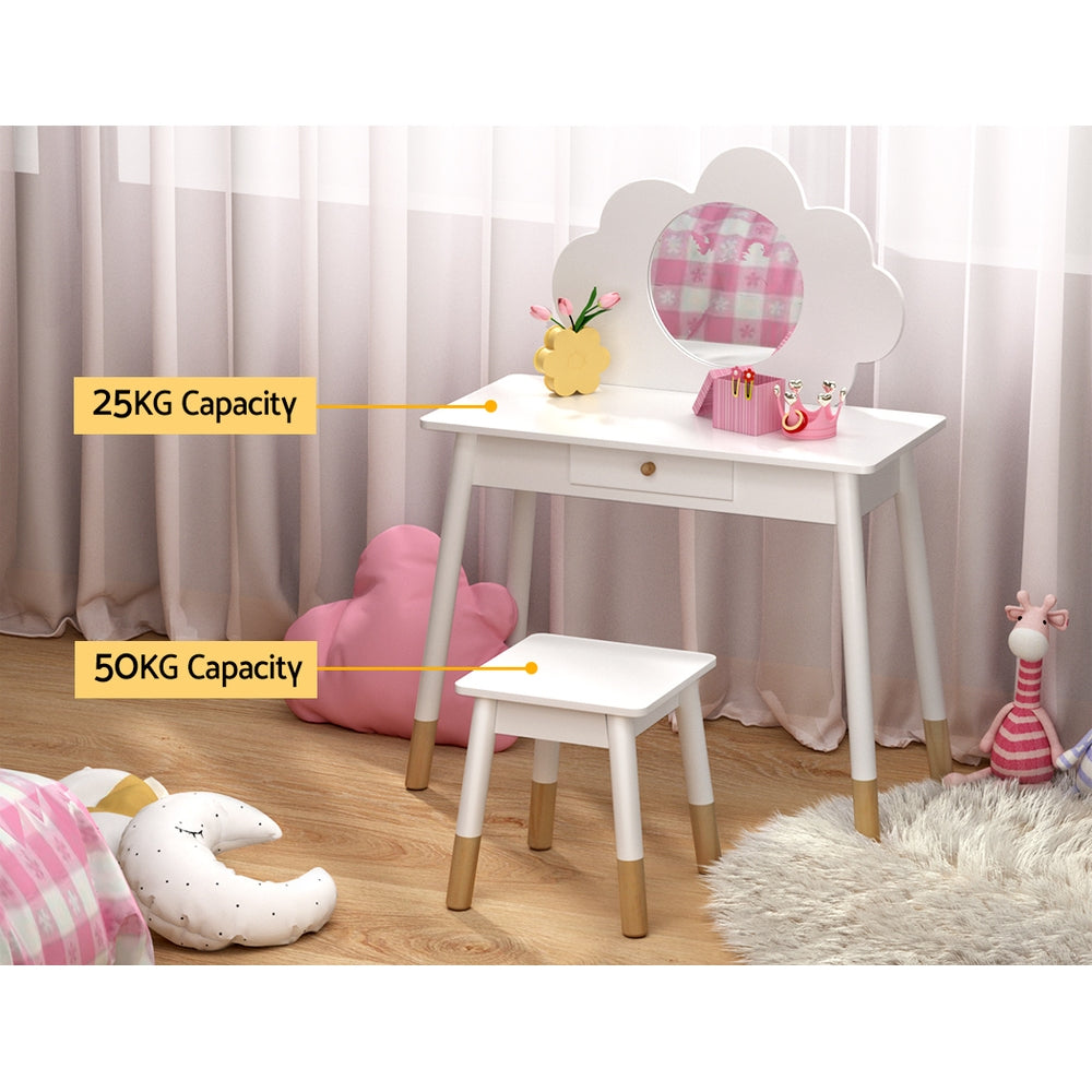 Kids Vanity Dressing Table & Stool Set with Detachable Cloud Shaped Mirror Homecoze