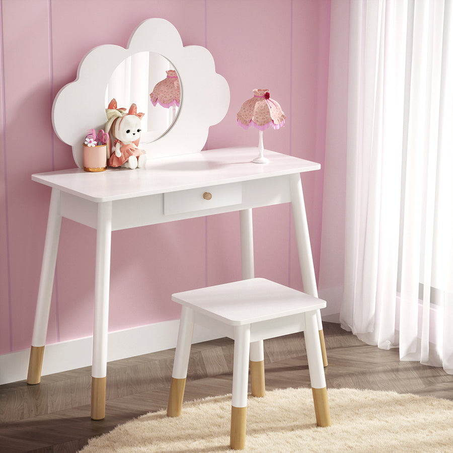 Kids Vanity Dressing Table & Stool Set with Detachable Cloud Shaped Mirror Homecoze