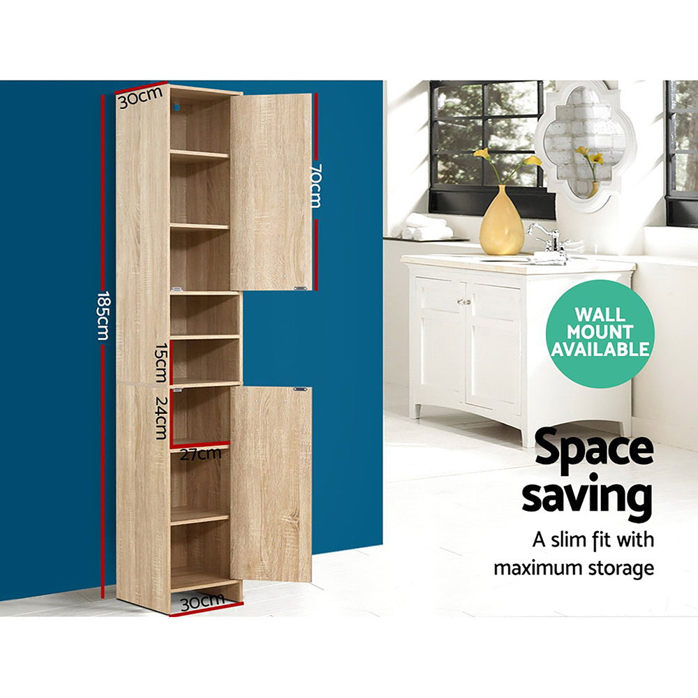 Bathroom & Laundry 185cm Tallboy Storage Cabinet with Adjustable Shelfs - Natural Homecoze