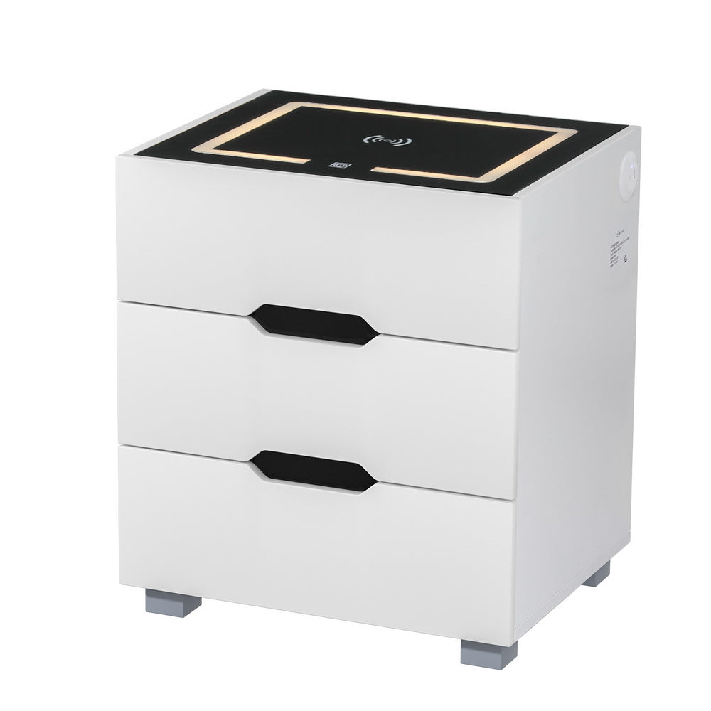 New Smart Bedside Table with Wireless Charging LED Lights 3 Drawer - White - Homecoze