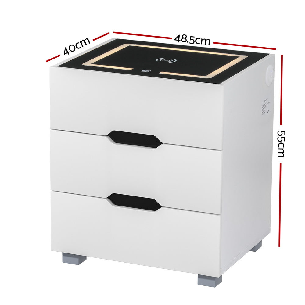 New Smart Bedside Table with Wireless Charging LED Lights 3 Drawer - White - Homecoze