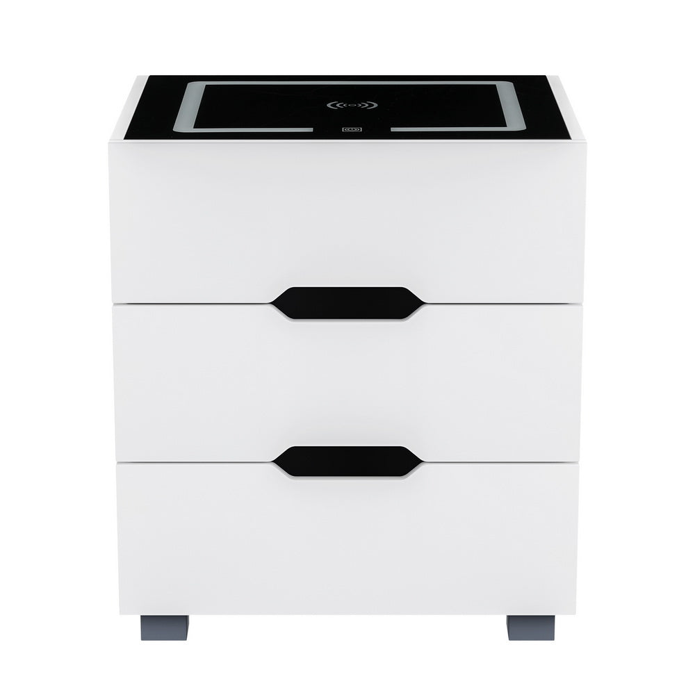 New Smart Bedside Table with Wireless Charging LED Lights 3 Drawer - White - Homecoze