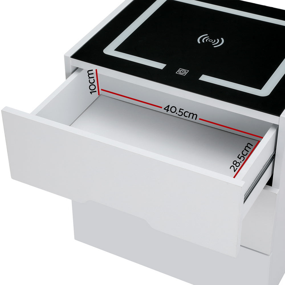 New Smart Bedside Table with Wireless Charging LED Lights 3 Drawer - White - Homecoze